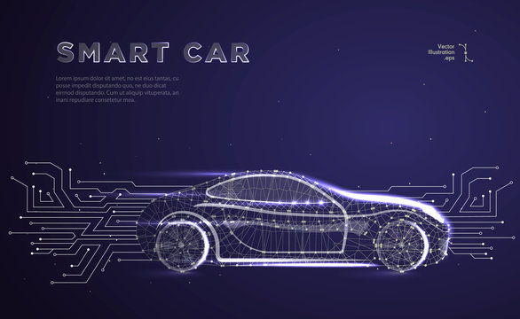 Autonomous car vehicle with circuit board.Abstract vector of a smart or intelligent car in the form of a starry sky or space, consisting of points, lines, in the form of planets,stars and the universe