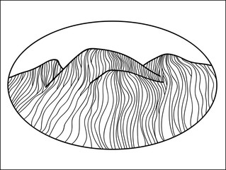 simple picture of mountains made of blacklineson the white background in ellipse