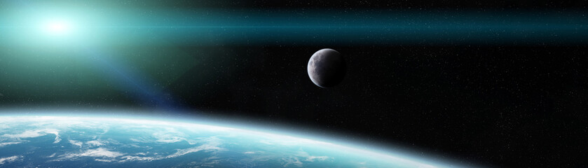 Obraz premium Panoramic view of planet Earth with the moon 3D rendering elements of this image furnished by NASA