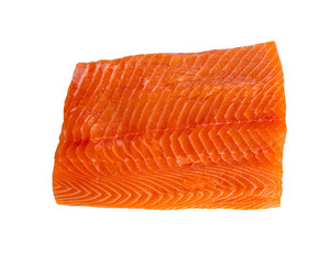 Fresh salmon fillet isolated on white backgrund, top view
