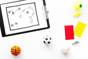 Sport judging concept. Basketball referee. Tactic plan for game, football ball, red and yellow...