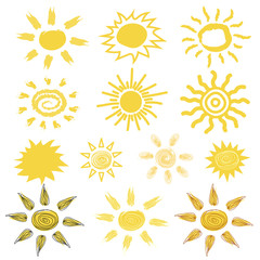 Funny vector doodle suns. Hand drawn set.