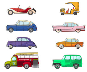 Collection with retro car in cartoon style. Color vintage retro auto. Classic car drawn set