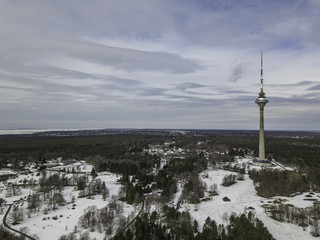 aerial view winter landscape with TV tower, Estonia Tallinn