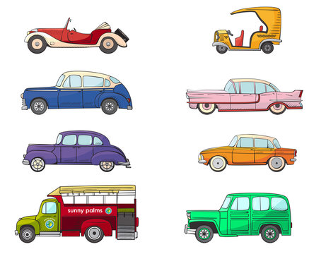 Collection with retro car in cartoon style. Color vintage retro auto. Classic car drawn set