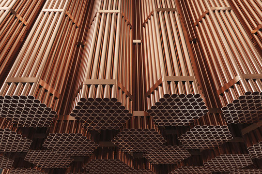 Copper pipes on warehouse. Rolled metal products. 3d illustration. 
