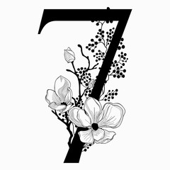 Vector Hand Drawn floral Number Seven monogram and logo
