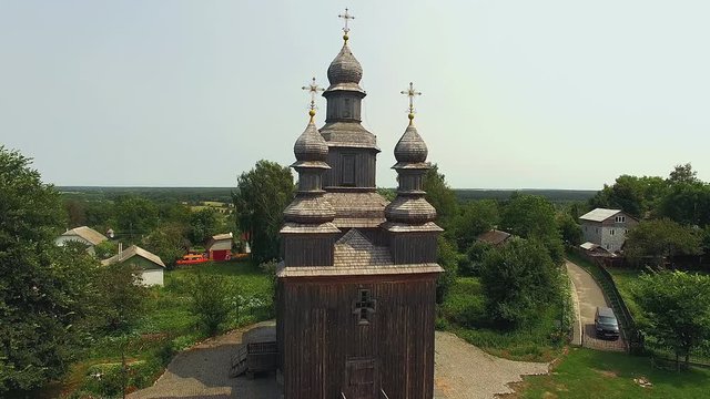 St. George's Church in Sednev where they filmed the movie Viy by Gogol,aerial view of church in Sednev, 4K aerial view of old wooden church,Ancient wooden church of St. George in Sednev, Ukraine