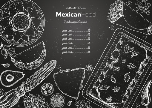 Mexican food top view frame. A set of classic mexican dishes with nachos, burritos, enchiladas. Food menu design template. Vintage hand drawn sketch vector illustration. Mexican cuisine engraved image