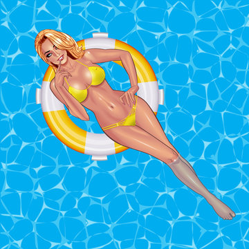 Beautiful sexy young women in yellow bikini swimming on inflattable ring. Beach summer lady with with perfect fitness body. Use for logos, print products, web decor or other design. Vector.