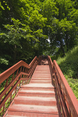 Wooden staircase in the summer Park.