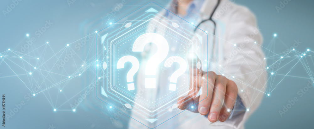 Fototapete Doctor using digital question marks interface 3D rendering
