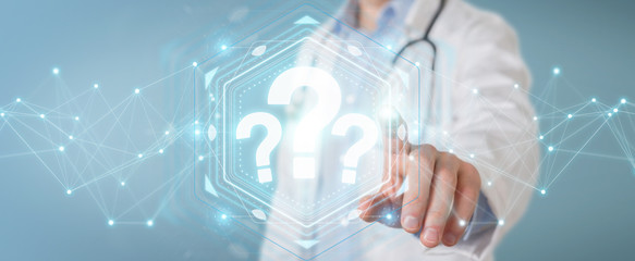 Doctor using digital question marks interface 3D rendering