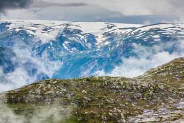 Beautiful norwegian landscape with mountains on the the way to trolltunga