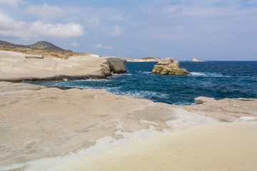 Volcanic rocks of Sarakiniko beach on Milos island. Cyclades, Greece.