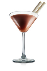 Chocolate cocktail or mocktail in martini glass with cookies isolated on white background. Clipping path