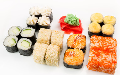 Japanese seafood sushi , roll on a white background