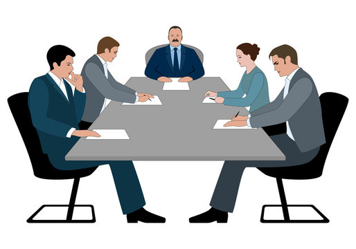 Business meeting and business conference concept. Boss and staff discussing something sitting at table. Business meeting silhouette vector illustration isolated on white.