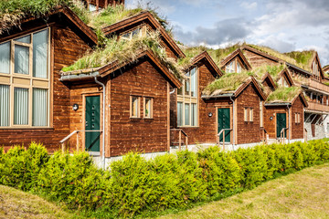 Typical norwegian house with grass on the roof