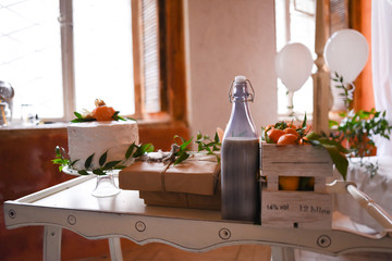 Gender reveal cake on baby shower party in room design moroccan style with orange walls and a canopy bed