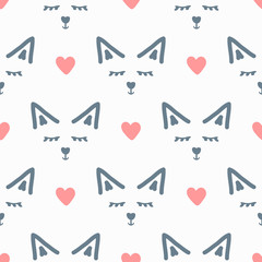 Faces of abstract animal and hearts. Cute seamless pattern. Drawn by hand, sketchy, doodle, scribble. Endless print.