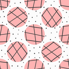 Simple geometric seamless pattern. Polka dots and circles with lines drawn by hand. Endless girly print.