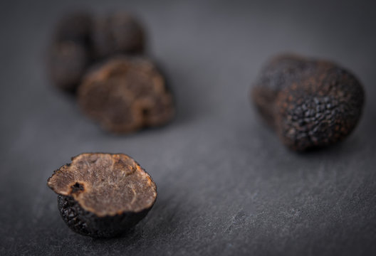Black truffle mushrooms over rustic gray table