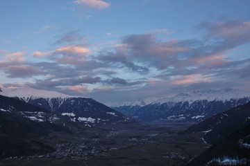 Sunset over Val Venosta, natural park Gruppo di Tessa alps. Alto Adige (South Tyrol), Italy