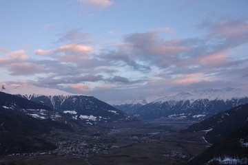 Sunset over Val Venosta, natural park Gruppo di Tessa alps. Alto Adige (South Tyrol), Italy