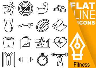 Editable stroke 70x70 pixel. Simple Set of fitness vector sixteen flat line Icons - run, muscles, swim, crank, rope, towel, weight, protein, cardio, stretches, glue, time, weight lifting
