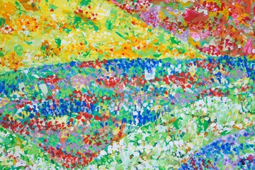 Gemalte Landschaft mit Hügeln und Blumenwiesen, Sommer, Impressionismus, Gouache-Malerei