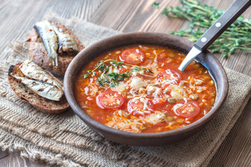 Portion of green lentil tomato soup with toasts