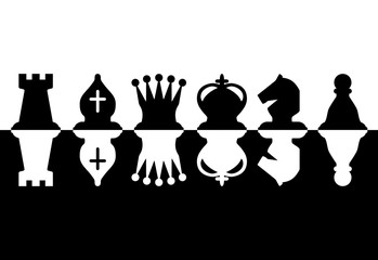 Chess pieces set of icons in black and white. Chess figures.