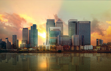 London. Canary Wharf business and banking aria at sunset