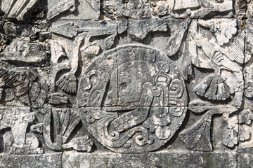 Mexico, Chichen Itzá, Yucatán. Reliefs of Mayan temples of Kukulcan El Castillo 