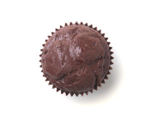Delicious homemade cupcake with raisins and chocolate isolated on white background. Muffins. Top view.
