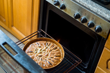 Apple pie in an oven