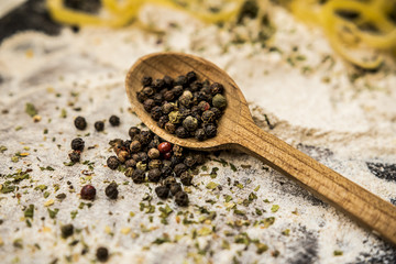 wooden spoon with pepper spices flour board menu ingredient