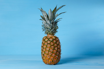 The real pineapple on a blue wooden background