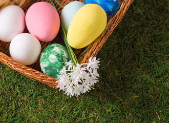Easter eggs and spring flowers. Easter background