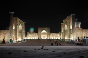 Registan square scenic view by night, Samarkand, Uzbekistan
