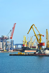 Naklejka premium Bulk cargo ship under port crane