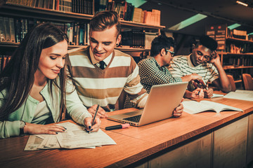 Multinational group of students studying in the university library.