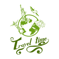 Travel Concept. Trip around the world. Travel bag with travel lettering.World attractions.