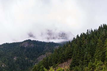 Panoramic view of mountain in National Park of Tzoumerka, Greece Epirus region. Mountain in the clouds