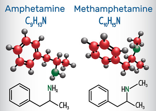 Amfetamine (amphetamine, C9H13N) and Methamphetamine (crystal meth, C10H15N) molecule. Structural chemical formula and molecule model