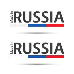 Two simple vector symbols Made in Russia, two signs with Russian tricolor isolated on white background