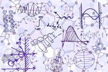 Vector pattern with sketch elements related to science or education. Physics or chemistry abstract background with parts of decorative lab tools and diagrams. Hand drawn.