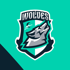 Colorful emblem of the howling wolf. Logo, badge of the wild beast, dangerous animal, aggressive predator. Identity sports club, vector illustration