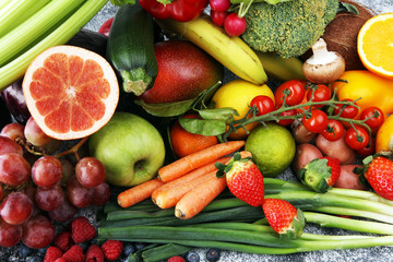 Composition with variety of raw organic vegetables and fruits. Balanced diet
